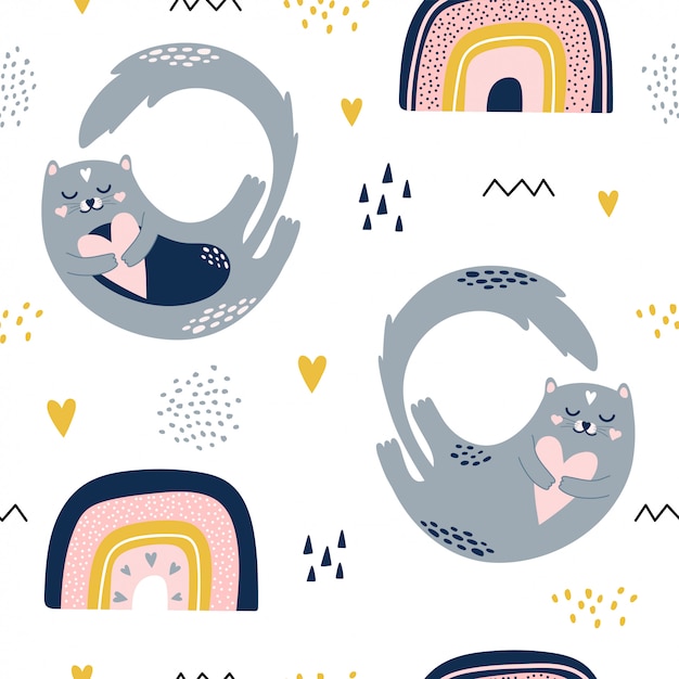Cute seamless pattern with cats and rainbows. Premium Vector