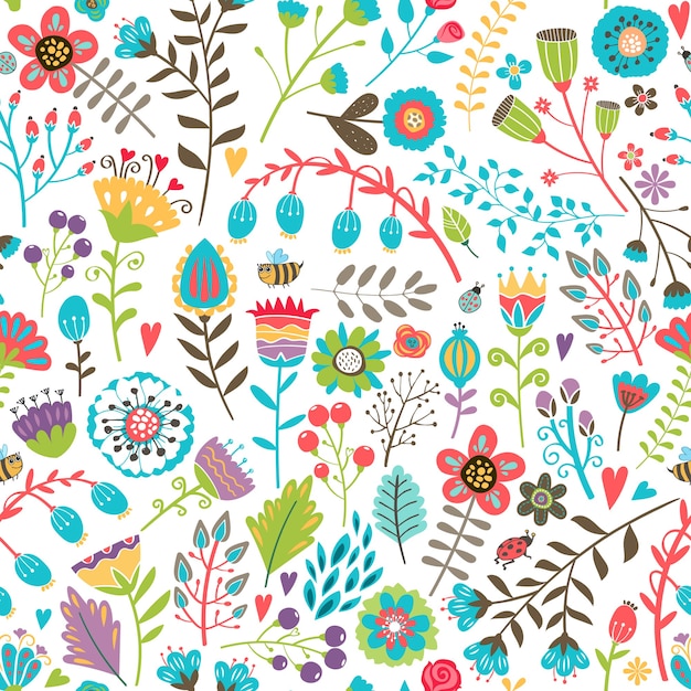 カラフルな手描きの夏の花がランダムに散らばっているかわいいシームレスパターンは 壁紙の包装紙や布に適した忙しいデザインです 無料のベクター