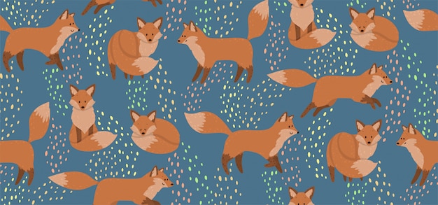 Cute seamless pattern with red foxes. wild nature background for kids print. Premium Vector