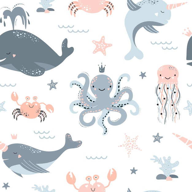 Cute seamless pattern with whale, narwhal, octopus, jellyfish, starfish, crab Premium Vector