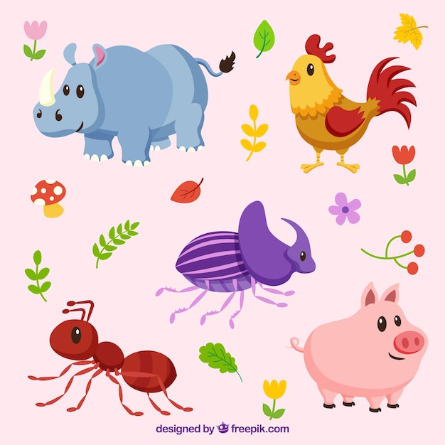 Cute set of animals and insects