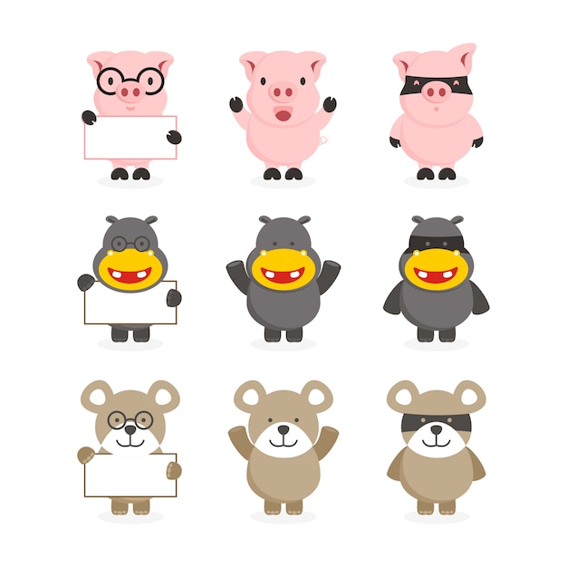 Premium Vector | Cute set of pig, hippo and bear character