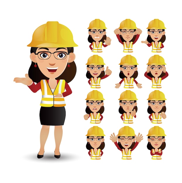 Premium Vector | Cute set - set of engineer with different emotion