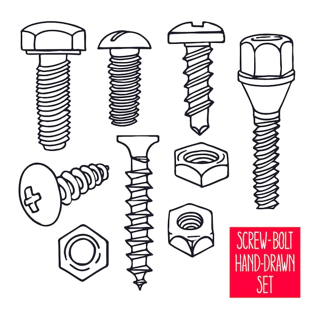 Premium Vector | Cute set of sketch screws and nuts. hand-drawn ...