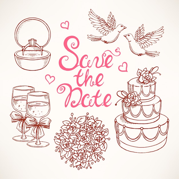  Cute set for a wedding with a couple doves, wedding cake and bouquet. hand-drawn illustrations.