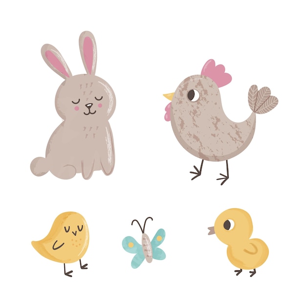 Premium Vector | Cute set with spring animals butterfly, chicks, chicken  and rabbit on white background