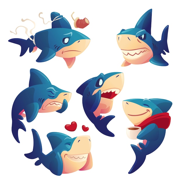 かわいいサメの漫画のキャラクターセット 無料のベクター