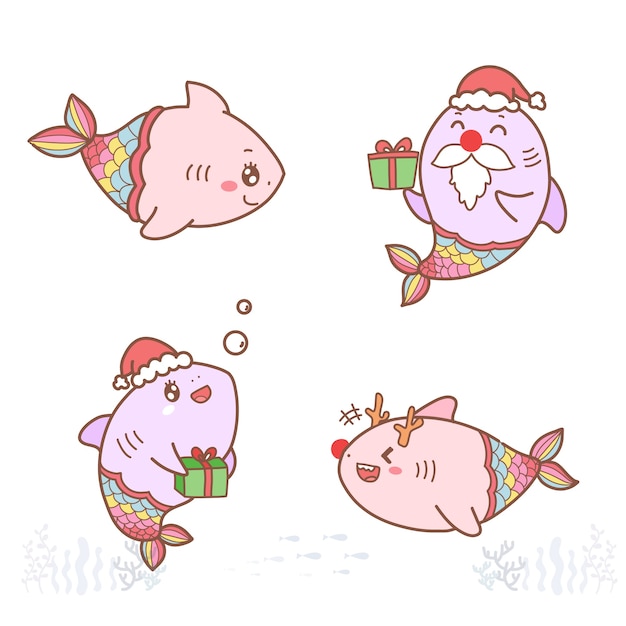 クリスマスのパステルカラーで描かれたかわいいサメの人魚の漫画の手描き プレミアムベクター