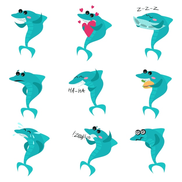 かわいいサメの漫画のキャラクターセット さまざまな感情のイラストを示すさまざまなポーズで面白い魚 プレミアムベクター