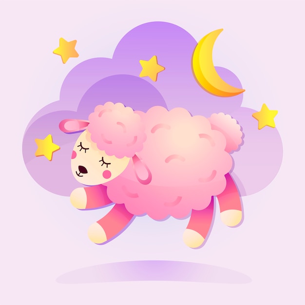 プレミアムベクター かわいい羊のイラスト 子供向けの雲と月と星のある眠い子羊の製品デザイン
