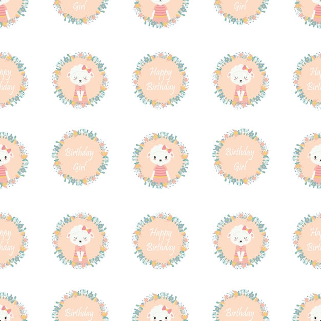 誕生日の壁紙の花の花輪のパターンにかわいい羊 プレミアムベクター