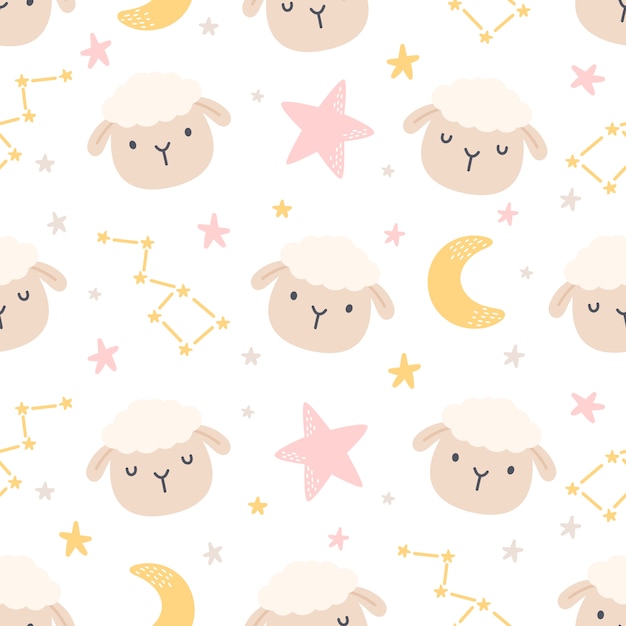 月と星のシームレスなパターン背景を持つかわいい羊 プレミアムベクター