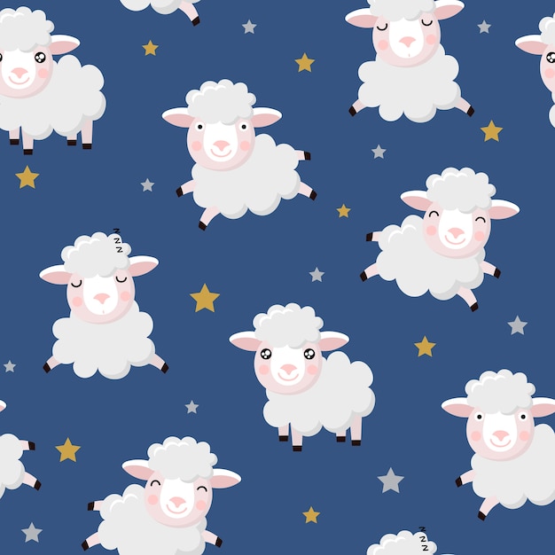 かわいい羊と星のシームレスなパターン プレミアムベクター