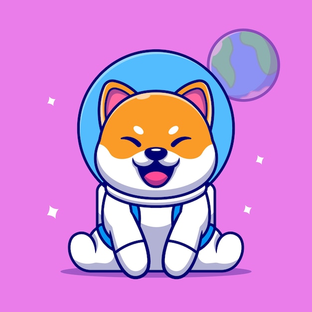 かわいい柴犬犬宇宙飛行士座っている漫画アイコンイラスト 無料のベクター