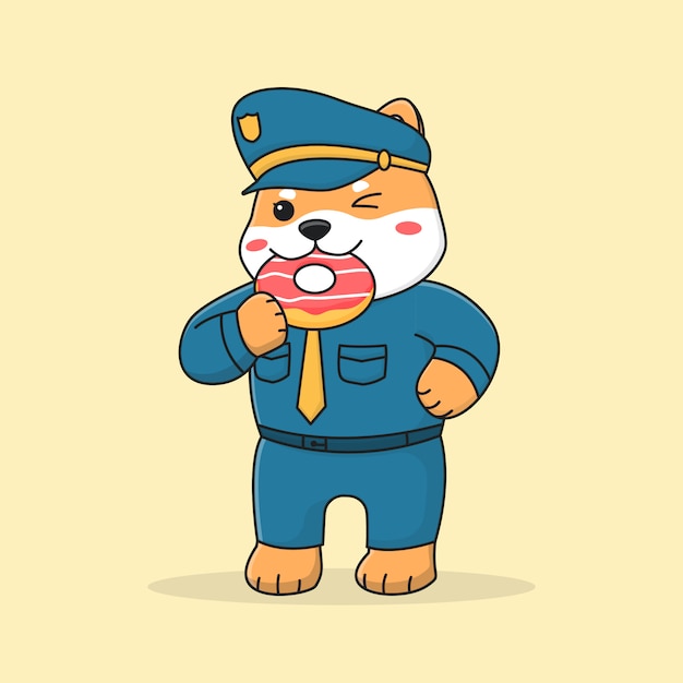 Premium Vector | Cute shiba inu dog police eating dessert