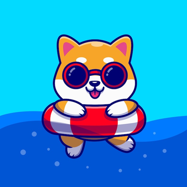 かわいい柴犬犬水泳漫画アイコンイラスト プレミアムベクター
