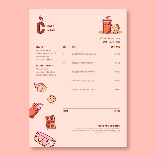 Free Vector Cute Simple Brown Nonpie Cafe Invoice Template