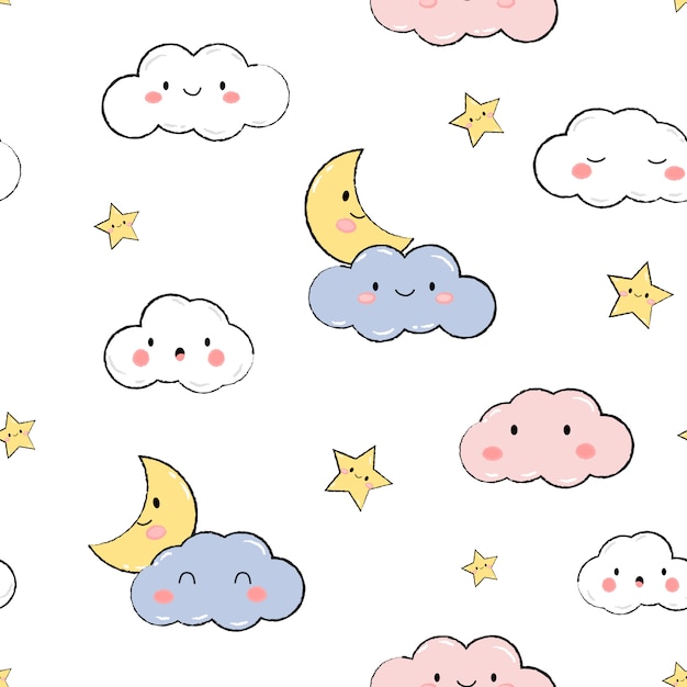 Cute sky stars clouds pastel cartoon doodle seamless pattern | Premium