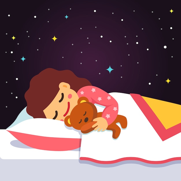Cute Sleeping And Dreaming Girl With Teddy Bear Vector Free Download