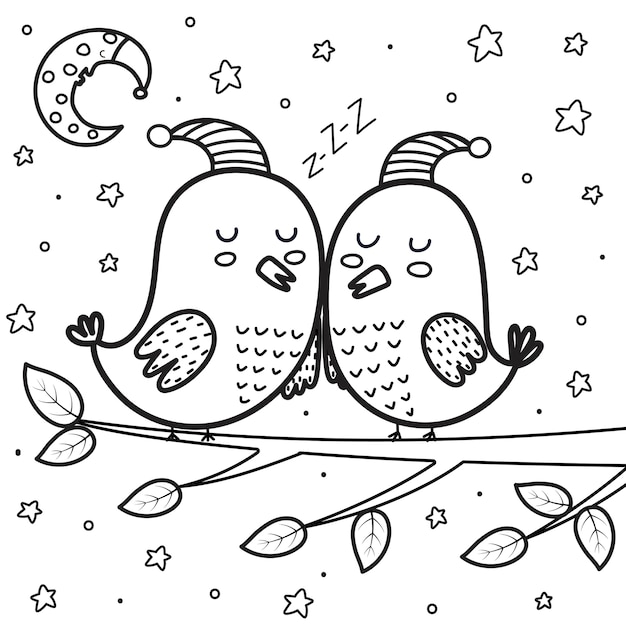 夜のぬりえでかわいい眠っている鳥 月と星甘い夢ベクトルイラスト プレミアムベクター