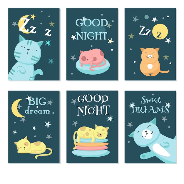 Premium Vector | Cute sleeping pet cats vector card set