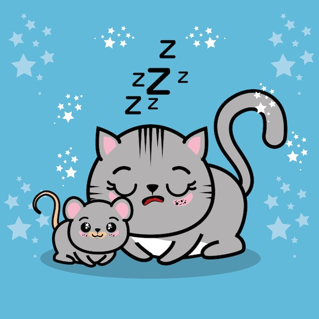 マウスのベクトルイラストのグラフィックデザインとかわいい眠い子猫 プレミアムベクター