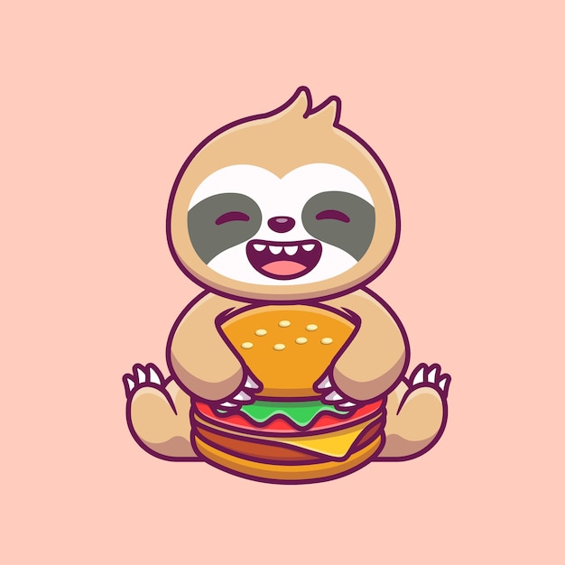 かわいいナマケモノを食べるハンバーガー漫画イラスト 動物の食べ物や飲み物の概念が分離されました フラット漫画 プレミアムベクター