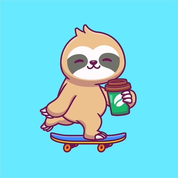 かわいいナマケモノのスケートボードとコーヒーの漫画イラストを保持しています 動物の食べ物や飲み物の概念が分離されました フラット漫画 無料のベクター