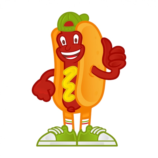 キュートな笑顔の幸せな漫画キャラクターアメリカのホットドッグは それのように親指を立てて現れます プレミアムベクター