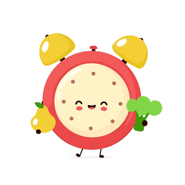 梨とブロッコリーのかわいい笑顔幸せな目覚まし時計 フラット漫画キャラクターイラストデザイン 白い背景で隔離 目覚まし時計 健康食品ダイエットキャラクターコンセプト プレミアムベクター