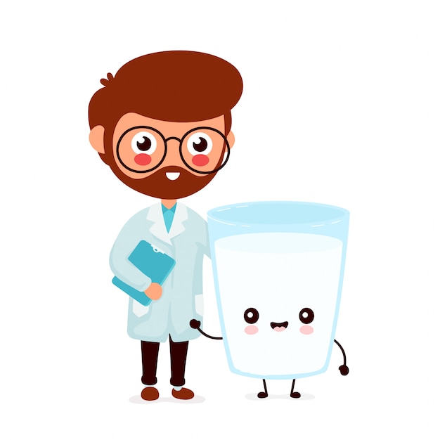 かわいい笑顔幸せな医者とミルクガラス フラット漫画キャライラスト 白い背景で隔離 ミルクガラスキャラクターコンセプト プレミアムベクター