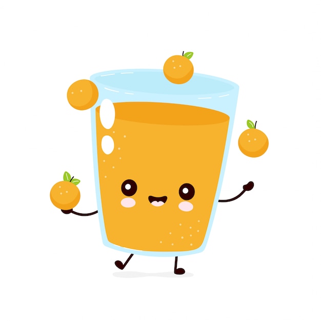 プレミアムベクター かわいい笑顔幸せなオレンジジュースジャグリングフルーツ フラット漫画キャライラスト 白い背景で隔離 オレンジ色のガラスマスコットキャラクターコンセプト