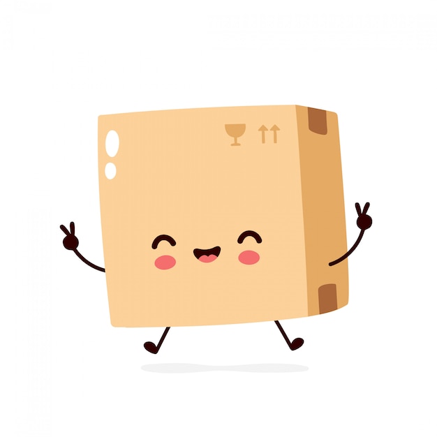 かわいい笑顔幸せな小包 宅配ボックス フラット漫画キャライラスト 白い背景で隔離 配信ボックスキャラクターコンセプト プレミアムベクター