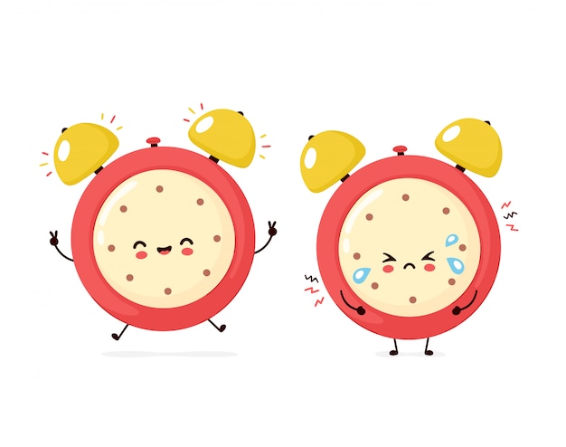Cute smiling happy and sad cry alarm time clock. Premium Vector