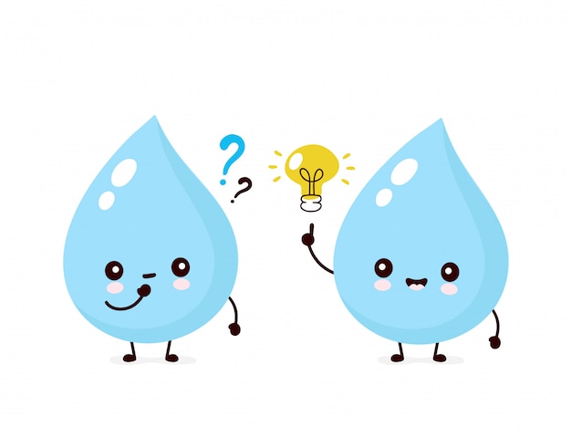 疑問符と電球のかわいい笑顔幸せな水ドロップ フラット漫画キャライラスト 白で隔離 水ドロップキャラクター プレミアムベクター