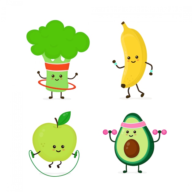 Cute smiling healthy food doing exercise set | Premium Vector