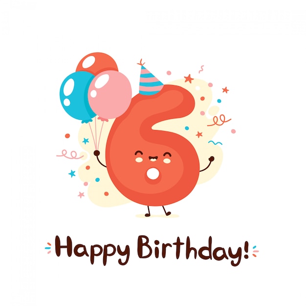 Premium Vector | Cute smiling number six with balloons in festive hat