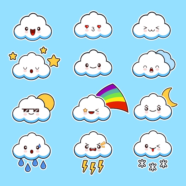 Cute smily clouds with faces vector set kawaii. isolated on blue ...