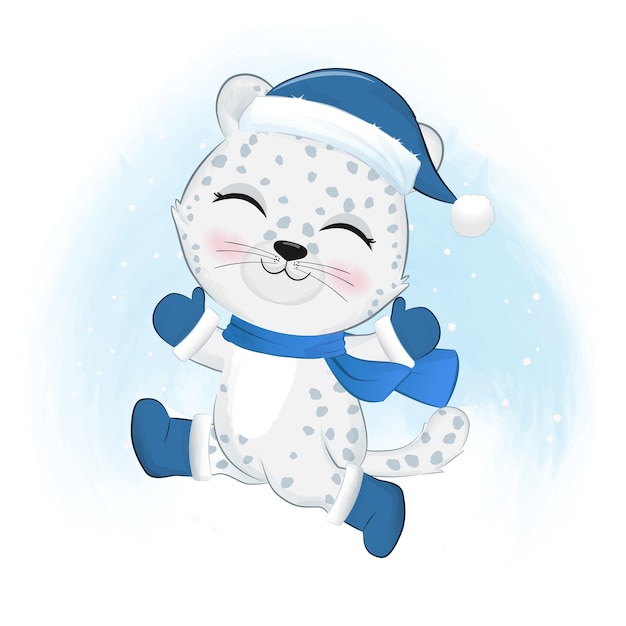 かわいいユキヒョウのクリスマスシーズンのイラスト プレミアムベクター