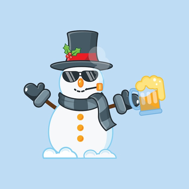 煙とビールでかわいい雪だるま クリスマスイラスト プレミアムベクター