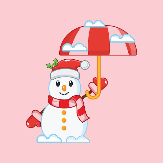 傘を持つかわいい雪だるま クリスマスイラスト プレミアムベクター