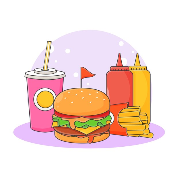 かわいいソフトドリンク ハンバーガー フライドポテトとソースのアイコンイラスト ファーストフードアイコンコンセプト 漫画のスタイル プレミアムベクター
