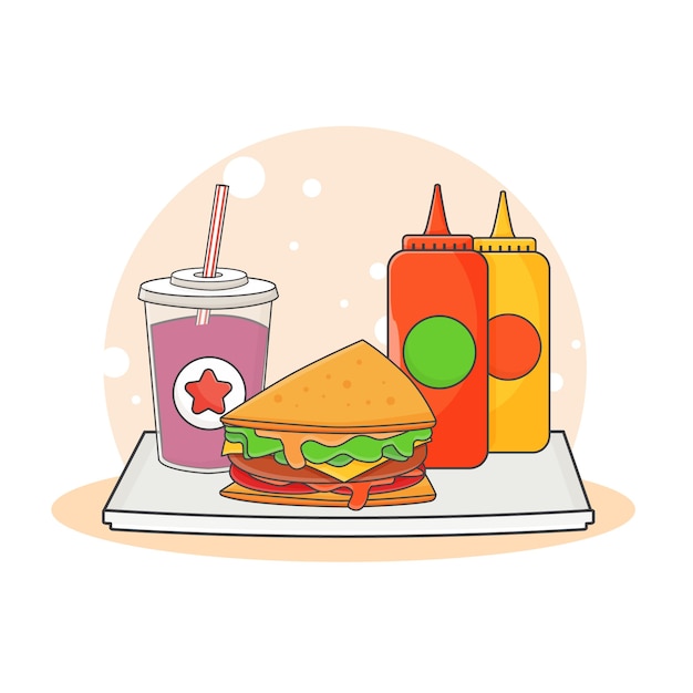 かわいいソフトドリンク サンドイッチ ケチャップソース マスタードアイコンイラスト ファーストフードアイコンコンセプト 漫画のスタイル プレミアムベクター
