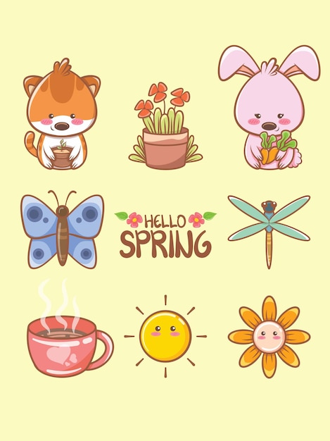 かわいい春の要素の漫画のキャラクターとイラストカード こんにちは春 のコンセプト プレミアムベクター