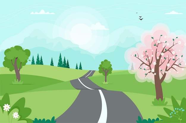 山とかわいい春の道の風景 フラットスタイルのイラスト プレミアムベクター