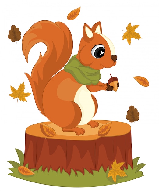 プレミアムベクター どんぐり切り株葉かわいいこんにちは秋のベクトル図とかわいいリス リス漫画秋のグリーティングカード