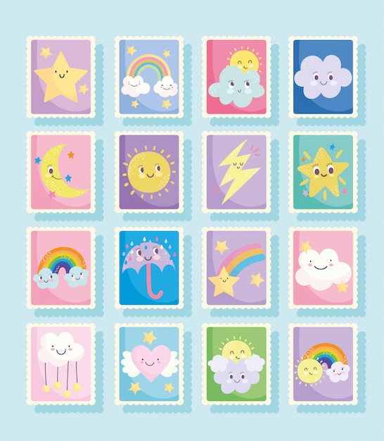 Cute stamps, weather fantasy clouds sun moon rainbow rain umbrella cartoon Premium Vector
