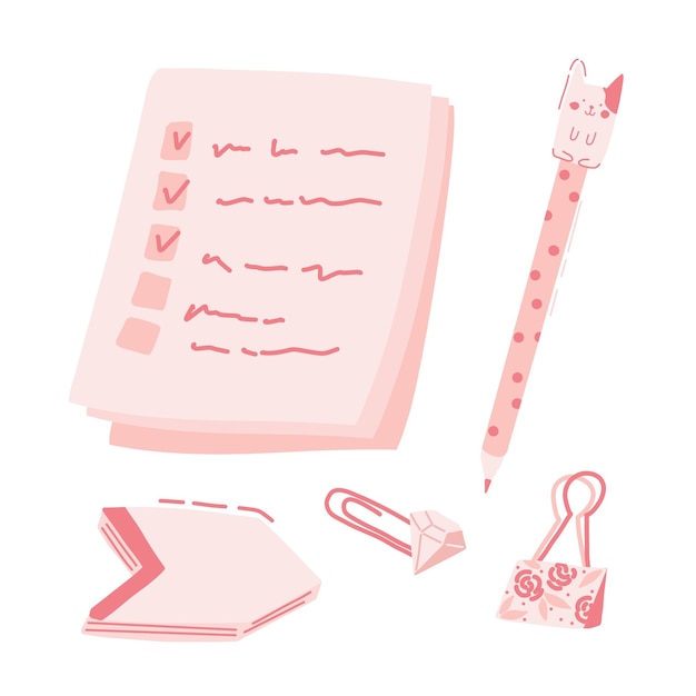 Premium Vector Cute Stationary Set Notepad Pencil Paper Clips And Sticky Notes In Pastel Pink Color Scheme