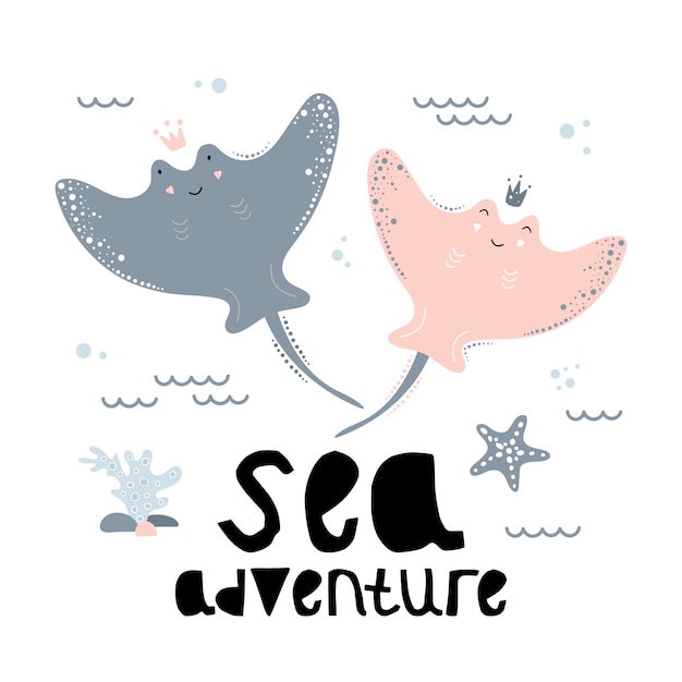 Download Cute stingrays, sea adventures. Vector | Premium Download