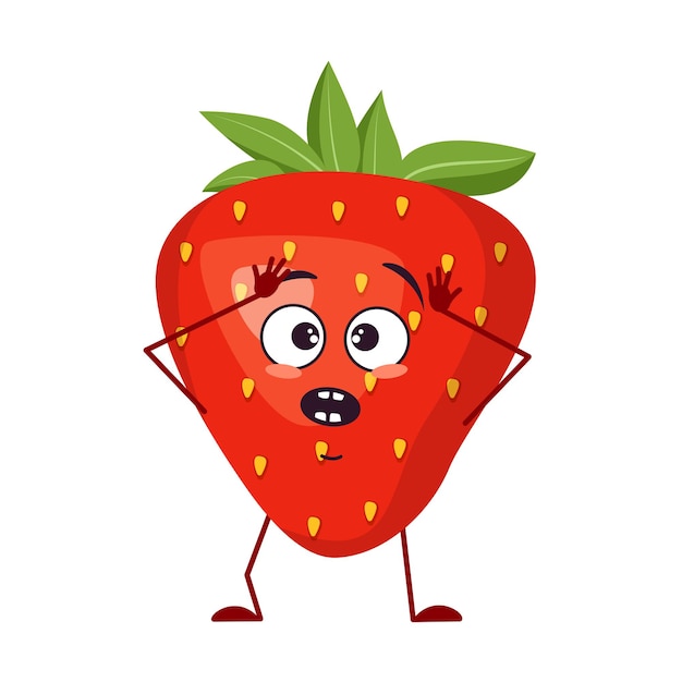 パニックの感情を持つかわいいイチゴのキャラクターは 彼の頭 顔 腕 足をつかみます 面白いまたは悲しいヒーロー 赤い果実とベリー ベクトルフラット イラスト プレミアムベクター